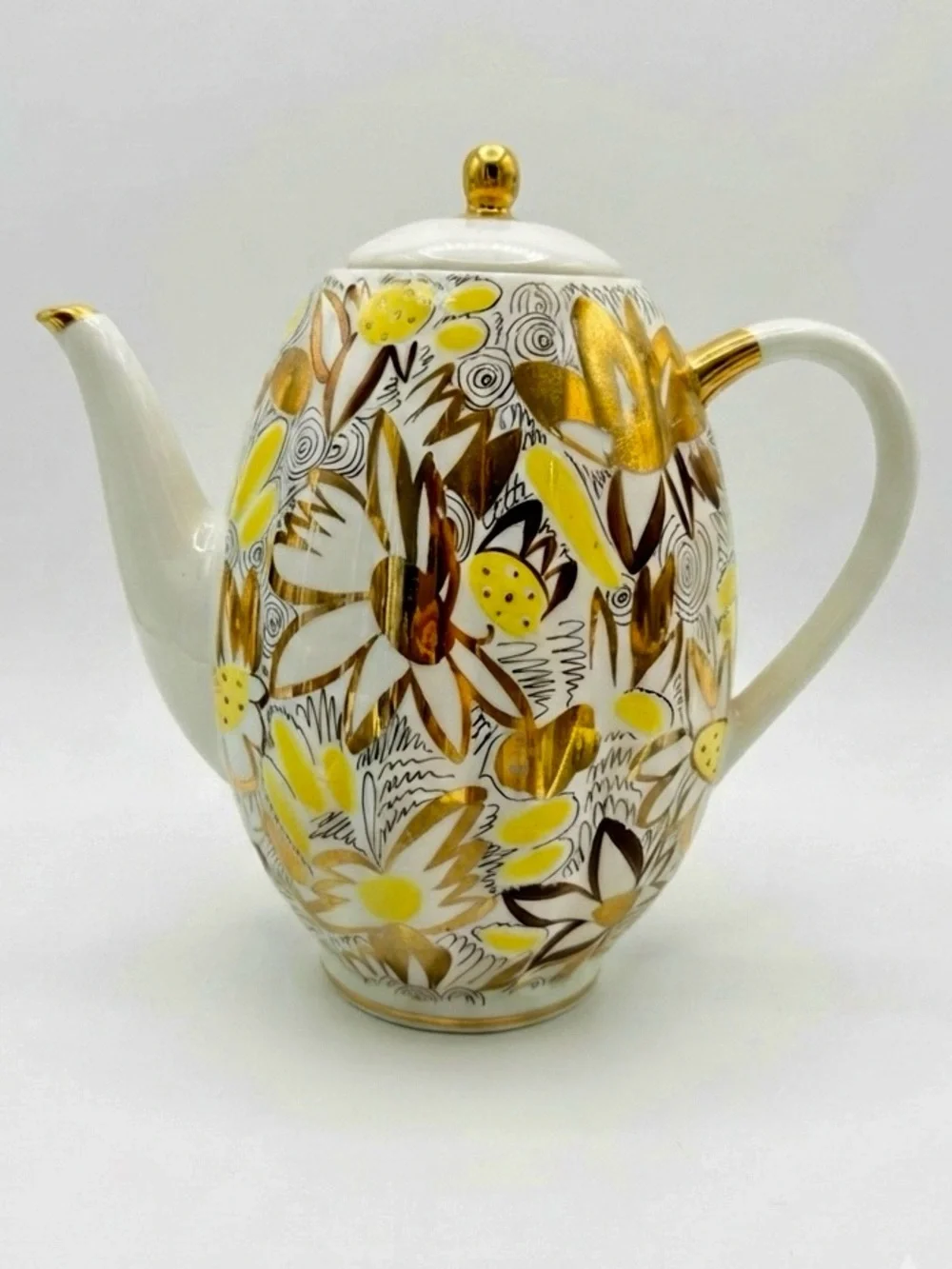 Vintage Lomonosov USSR Golden Daisy Porcelain Coffee Set - 9 Piece Partial Set